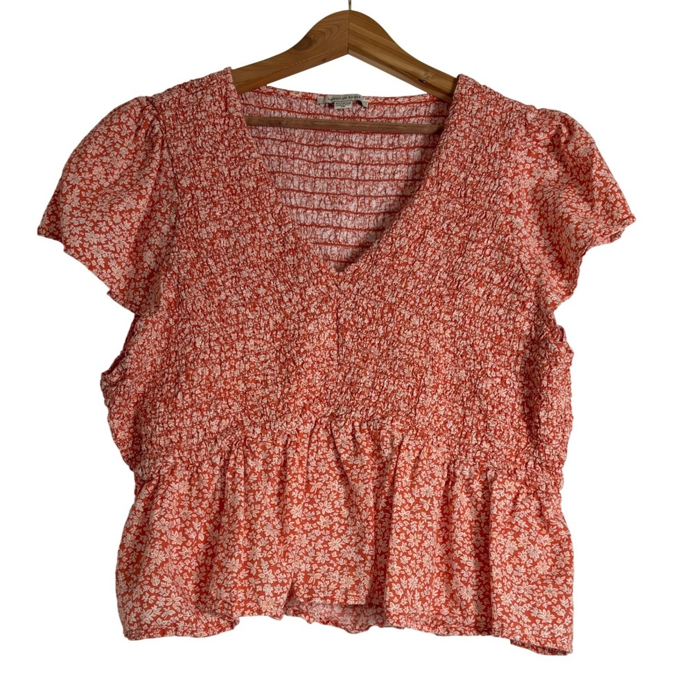 American Eagle Floral Smocked Peplum Top Coral Orange XXL Cottagecore
